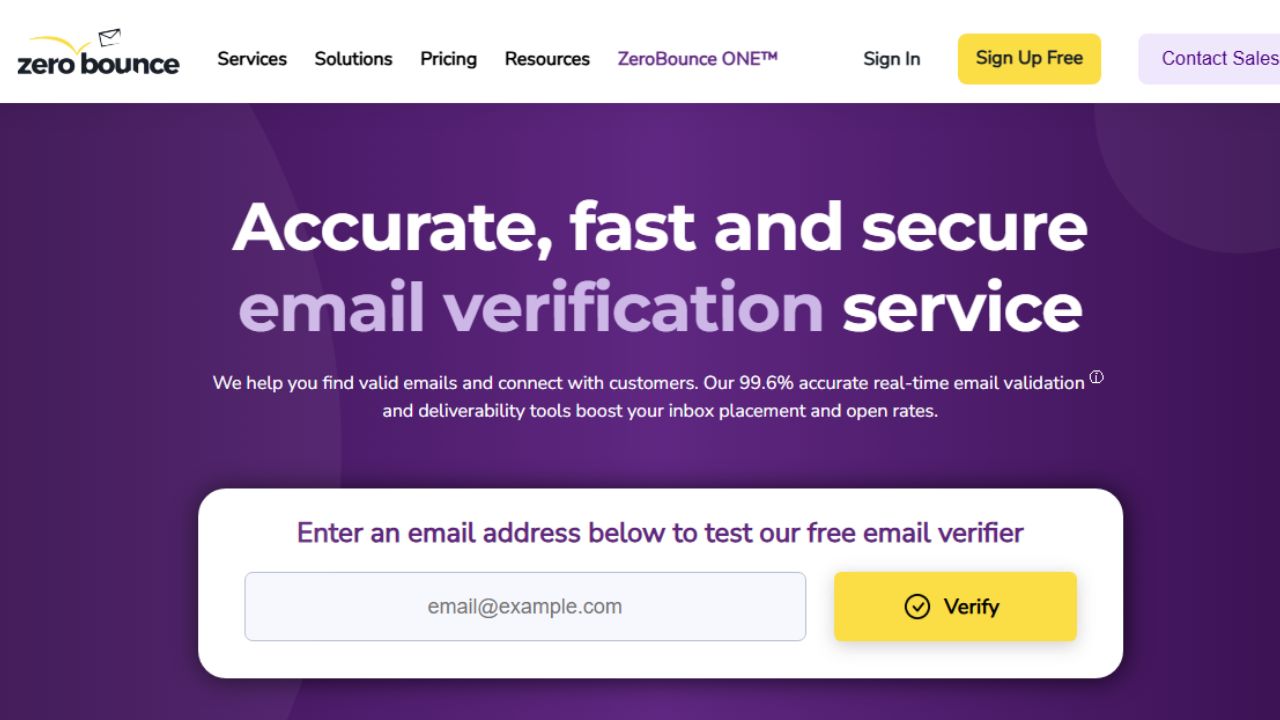 This is the screen shot of ZeroBounce website home page.