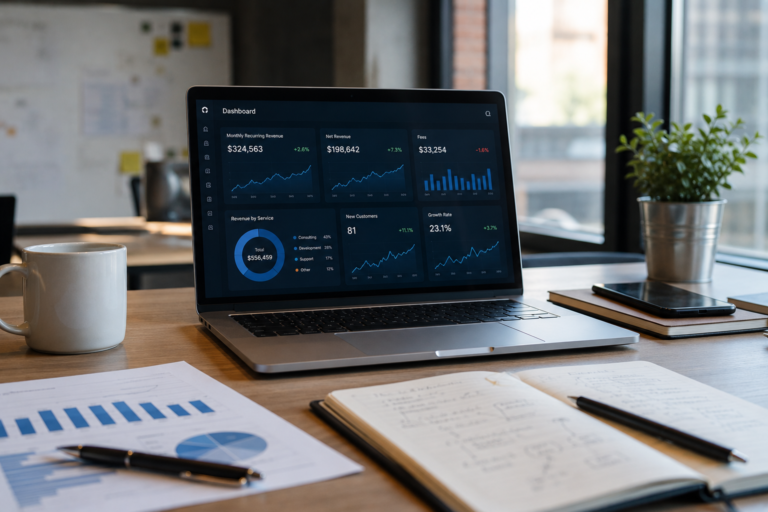 Laptop displaying a business analytics dashboard with revenue charts, growth metrics, and financial reports on an office desk.