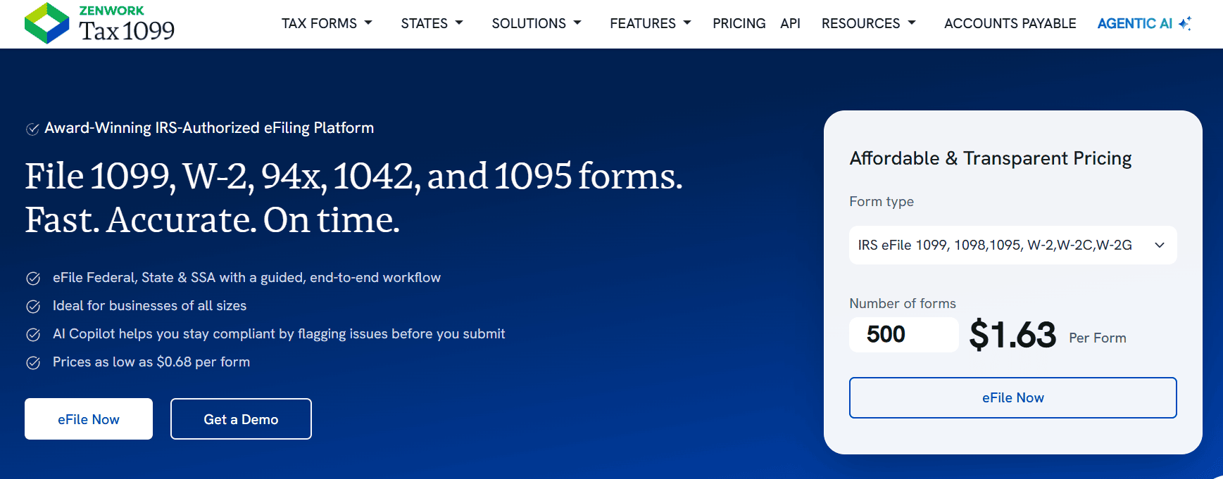 Zenwork Tax1099 website homepage showcasing IRS-authorized eFiling services for 1099, W-2, 94x, 1042, and 1095 forms, with pricing details and eFile options.