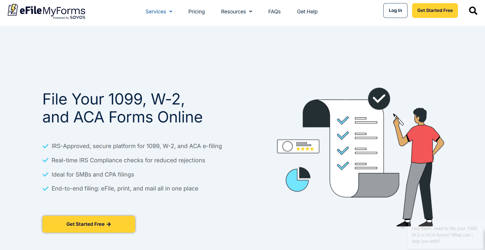 eFileMyForms homepage displaying online 1099, W-2, and ACA e-filing services with compliance features, IRS-approved filing support, and a Get Started Free call-to-action.