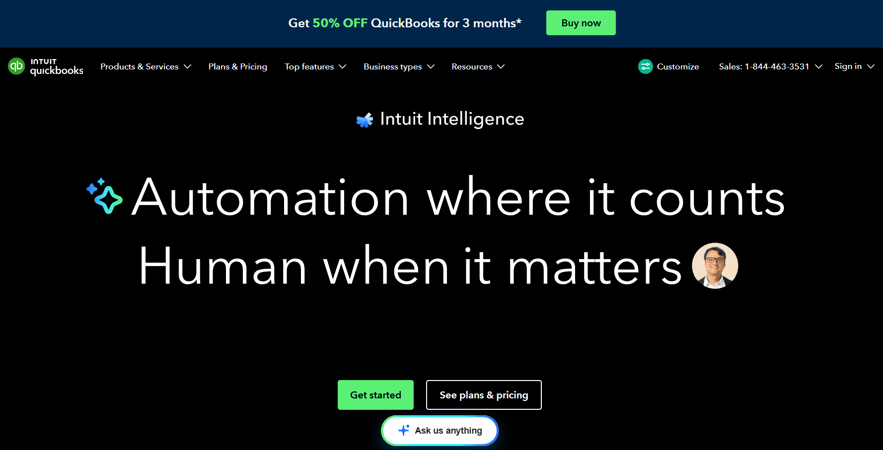 QuickBooks homepage featuring Intuit Intelligence with the tagline “Automation where it counts, Human when it matters,” highlighting AI-powered business automation tools and services.