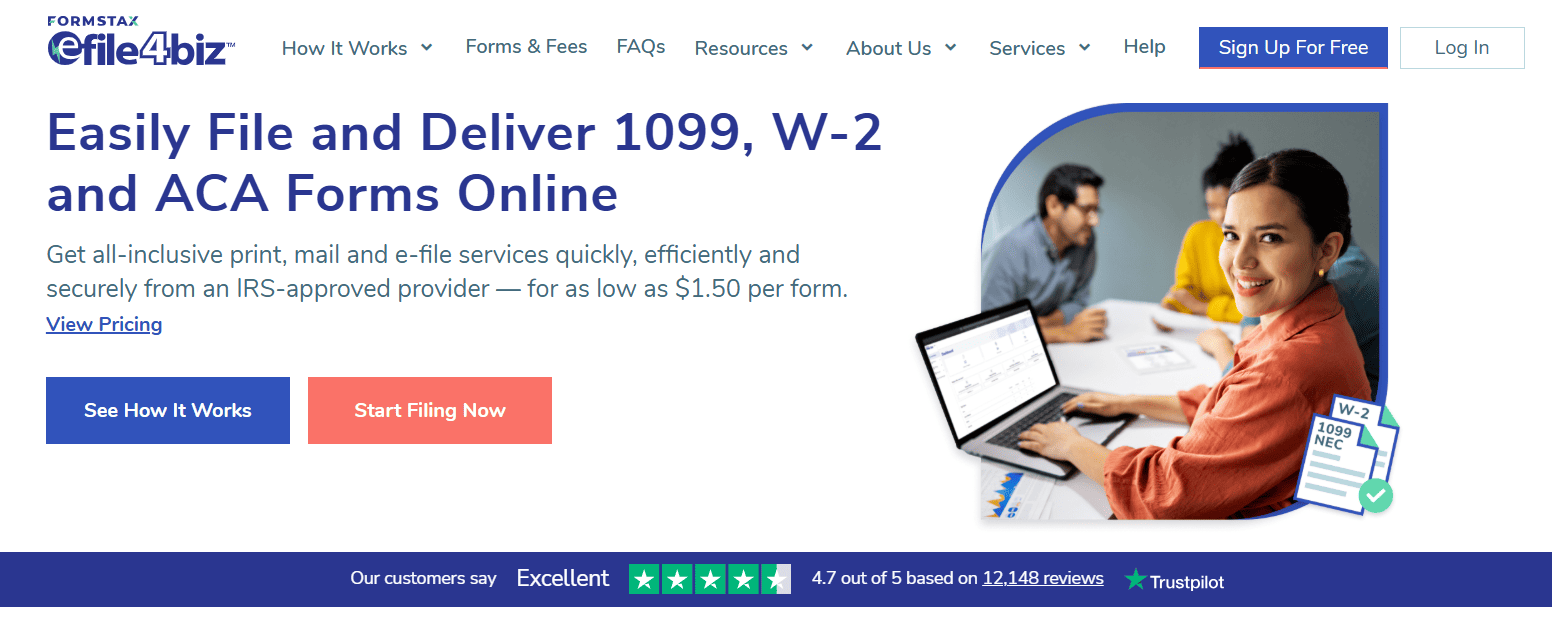 eFile4Biz website homepage promoting online filing of 1099, W-2, and ACA forms, featuring a woman using a laptop in an office setting and call-to-action buttons for filing tax forms online.