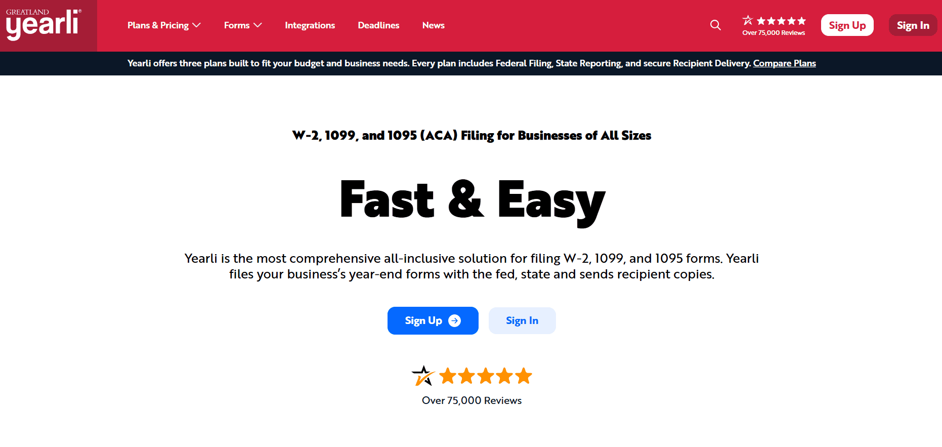 Yearli website homepage promoting fast and easy online filing of W-2, 1099, and 1095 (ACA) forms for businesses, featuring sign-up and sign-in buttons and customer review ratings.