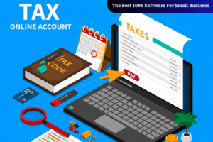 Illustrated graphic showing online tax filing software for small businesses, featuring a laptop with a tax payment form, tax code book, calendar, payment button, and financial tools on a blue background.