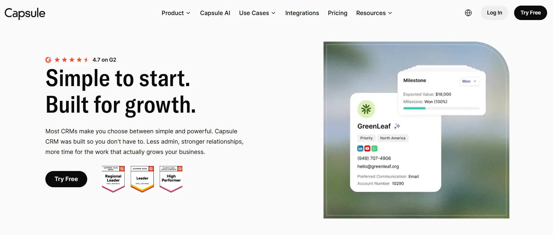 Capsule CRM homepage featuring the headline "Simple to start. Built for growth." with a CRM dashboard preview, G2 rating, industry badges, and a prominent "Try Free" call-to-action button.