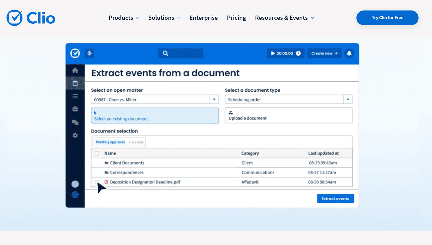Clio legal software dashboard showing document event extraction with matter selection, document type, and document upload options.