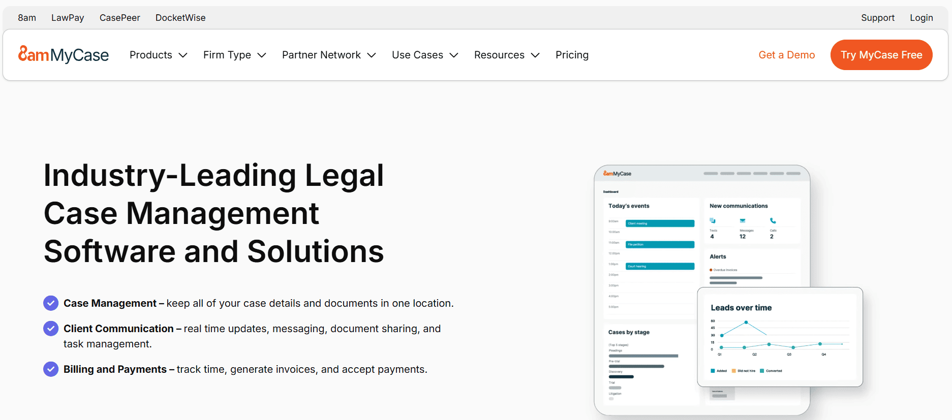 MyCase legal case management software homepage showing features for case management, client communication, billing, payments, and dashboard analytics.