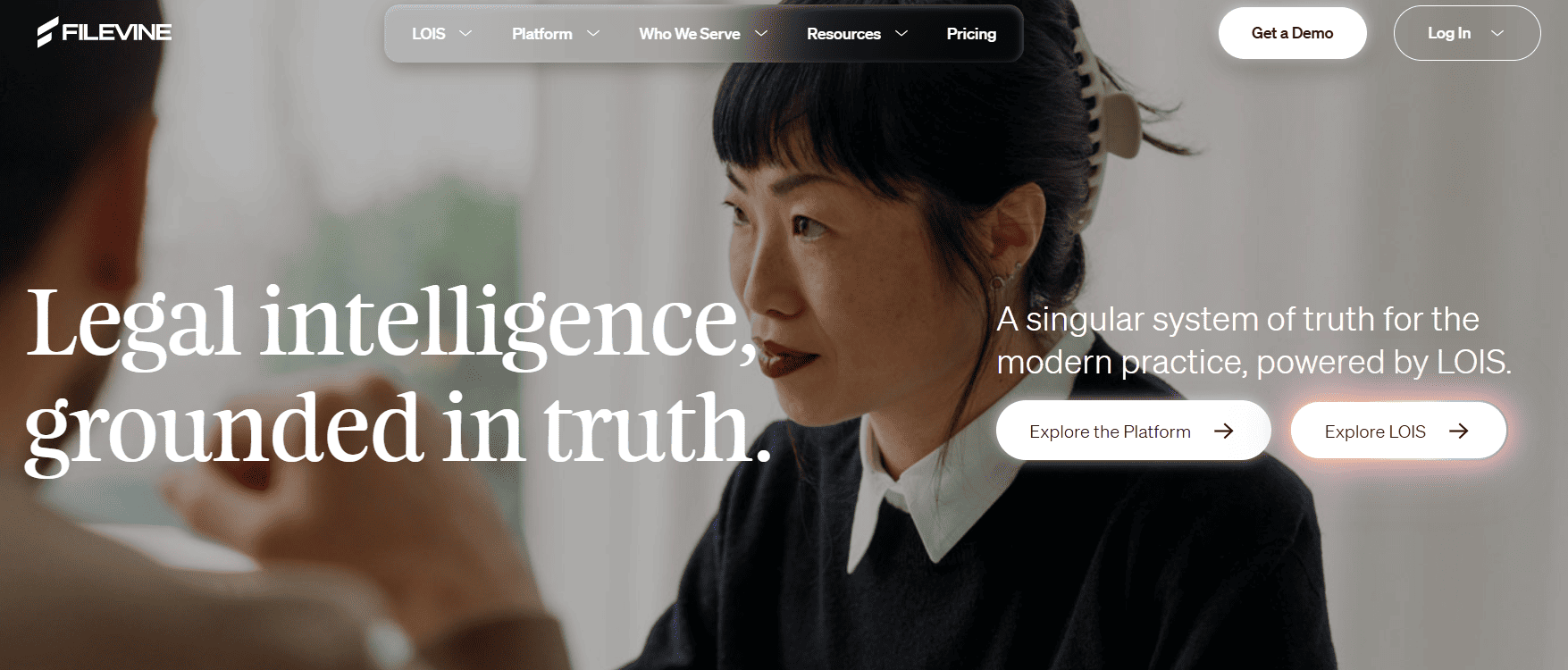 Filevine legal intelligence homepage showing a law firm technology platform with options to explore the platform, LOIs, resources, pricing, demo, and login.
