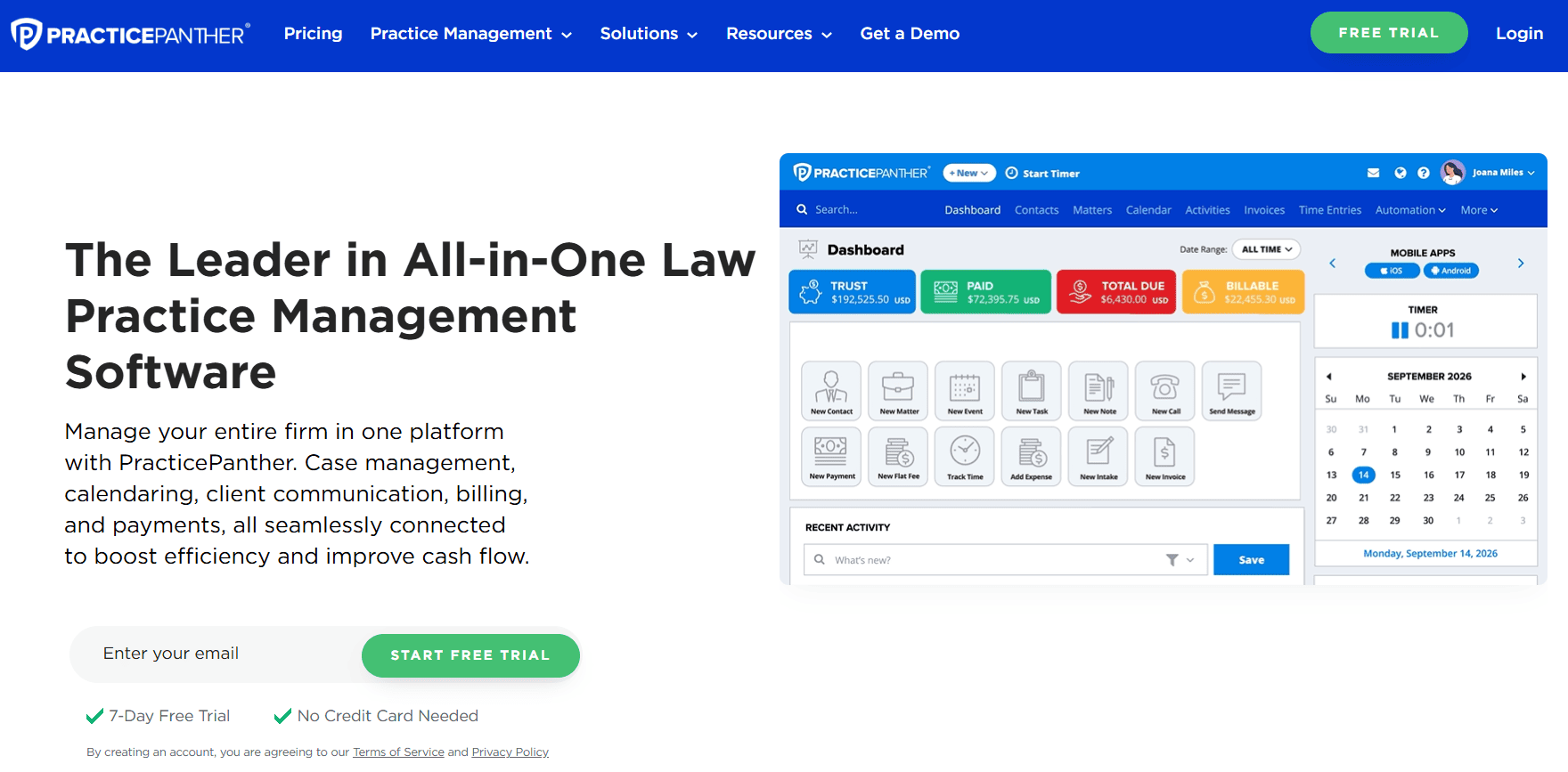 PracticePanther law practice management software homepage showing dashboard features for case management, calendaring, billing, payments, contacts, matters, invoices, and time tracking.