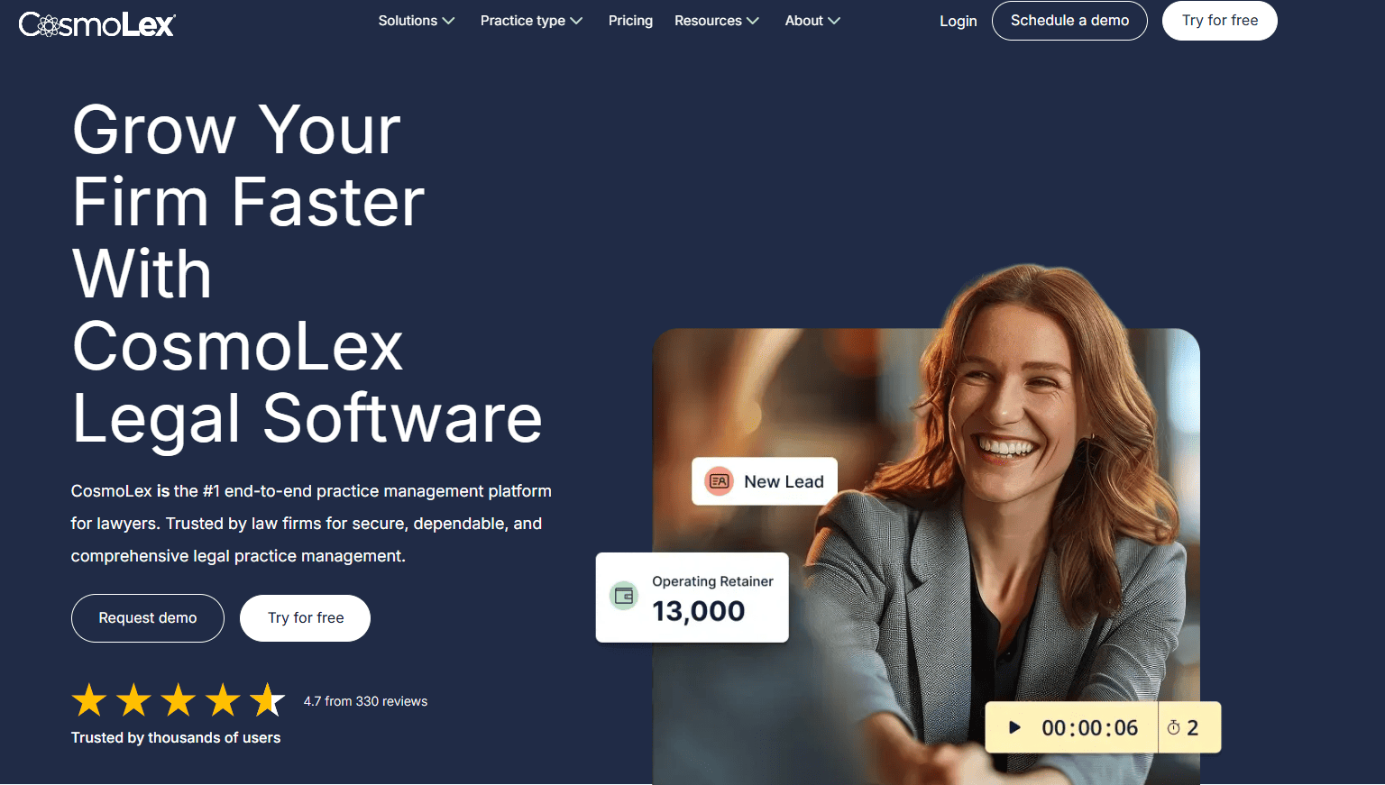 CosmoLex legal software homepage showing practice management tools, demo options, client lead tracking, retainer information, and user rating.