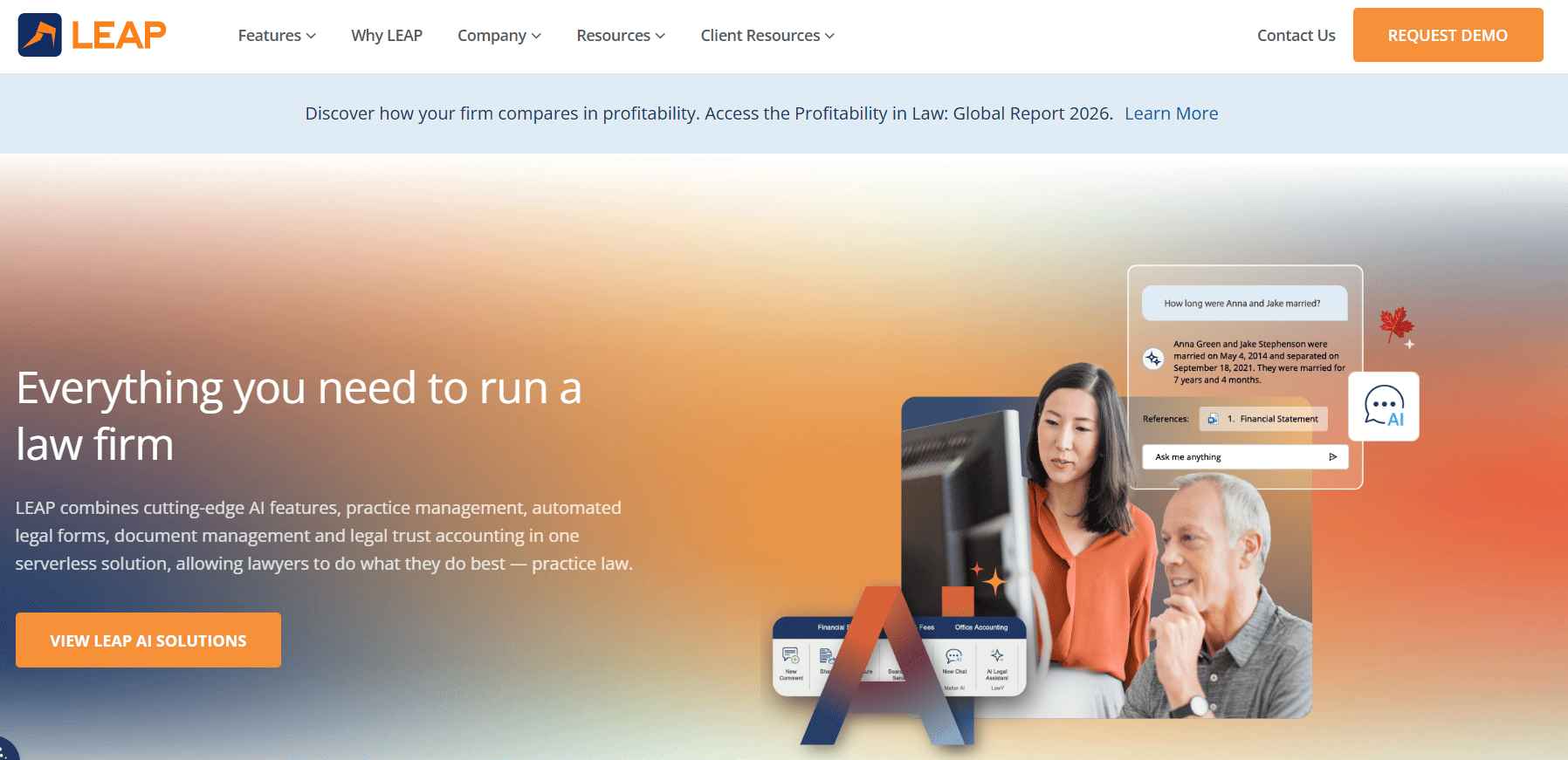 LEAP legal software homepage showing law firm management features, AI solutions, document management, trust accounting, and request demo option.