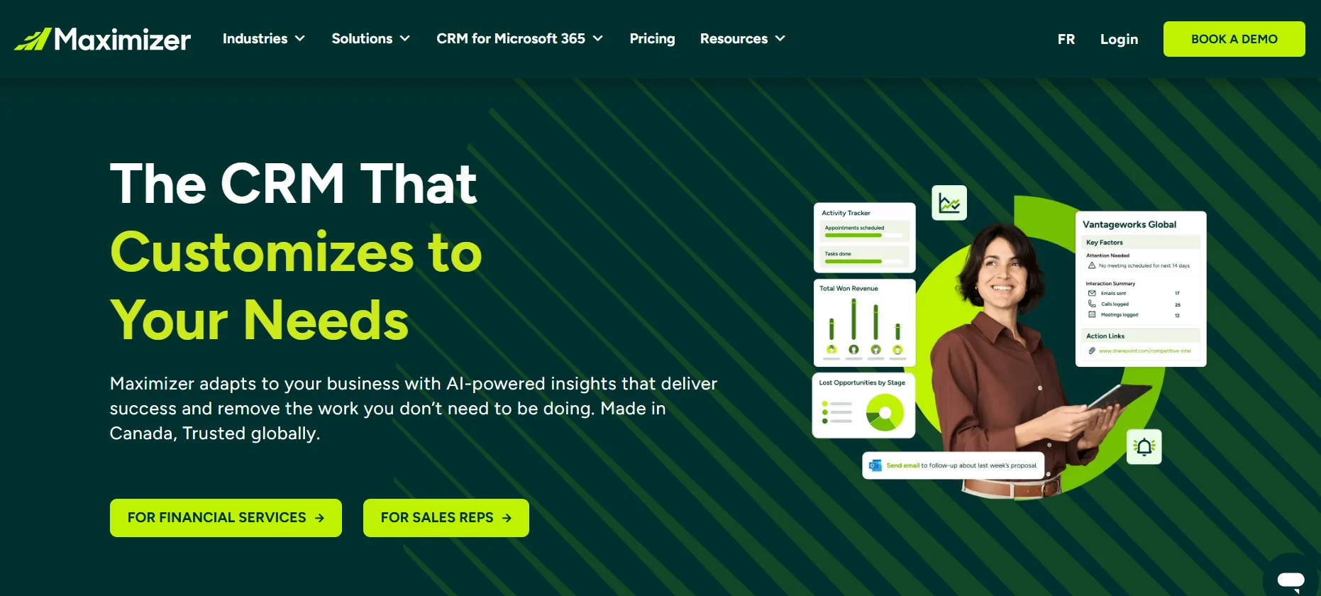 Maximizer CRM homepage featuring the headline "The CRM That Customizes to Your Needs," with AI-powered business insights, CRM dashboard widgets, and a professional holding a tablet alongside industry-specific call-to-action buttons.
