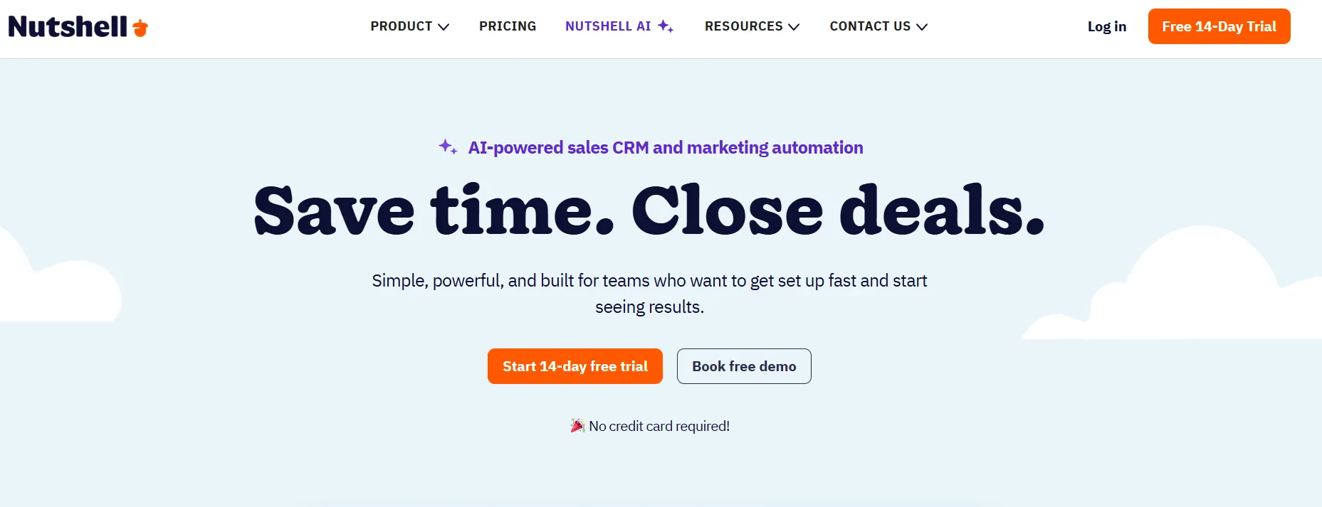 Nutshell CRM homepage showcasing its AI-powered sales CRM and marketing automation platform with the headline "Save time. Close deals." alongside free trial and demo call-to-action buttons.