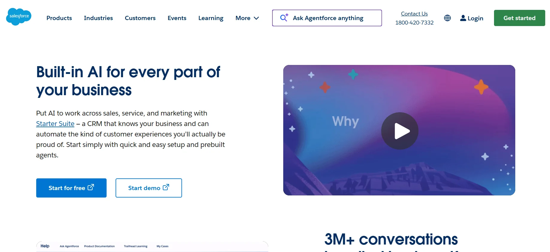 Salesforce homepage highlighting its AI-powered CRM platform with the headline "Built-in AI for every part of your business," featuring a promotional video, navigation menu, and "Start for free" and "Start demo" call-to-action buttons.