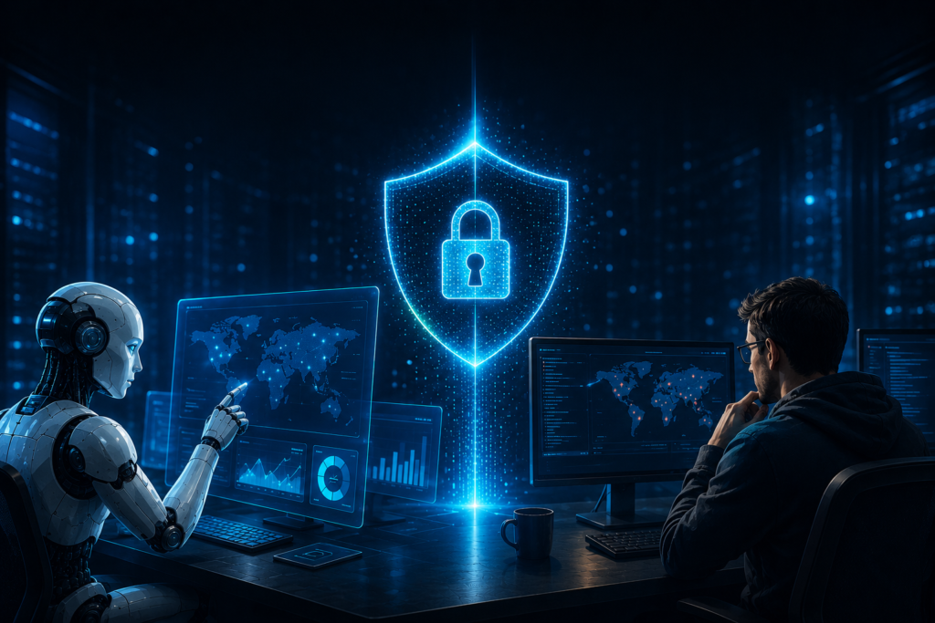 AI robot and cybersecurity analyst monitoring digital security dashboards with a glowing shield and lock symbol in a dark tech workspace.