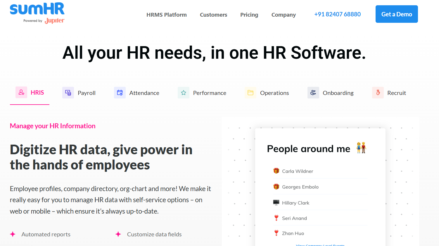 SumHR homepage showing HR software features for HRIS, payroll, attendance, performance, operations, onboarding, and recruitment.