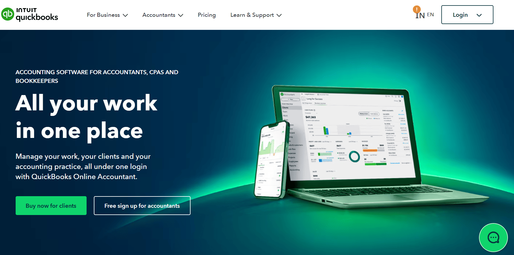 QuickBooks Online Accountant homepage showing accounting software dashboard on laptop and mobile screen.