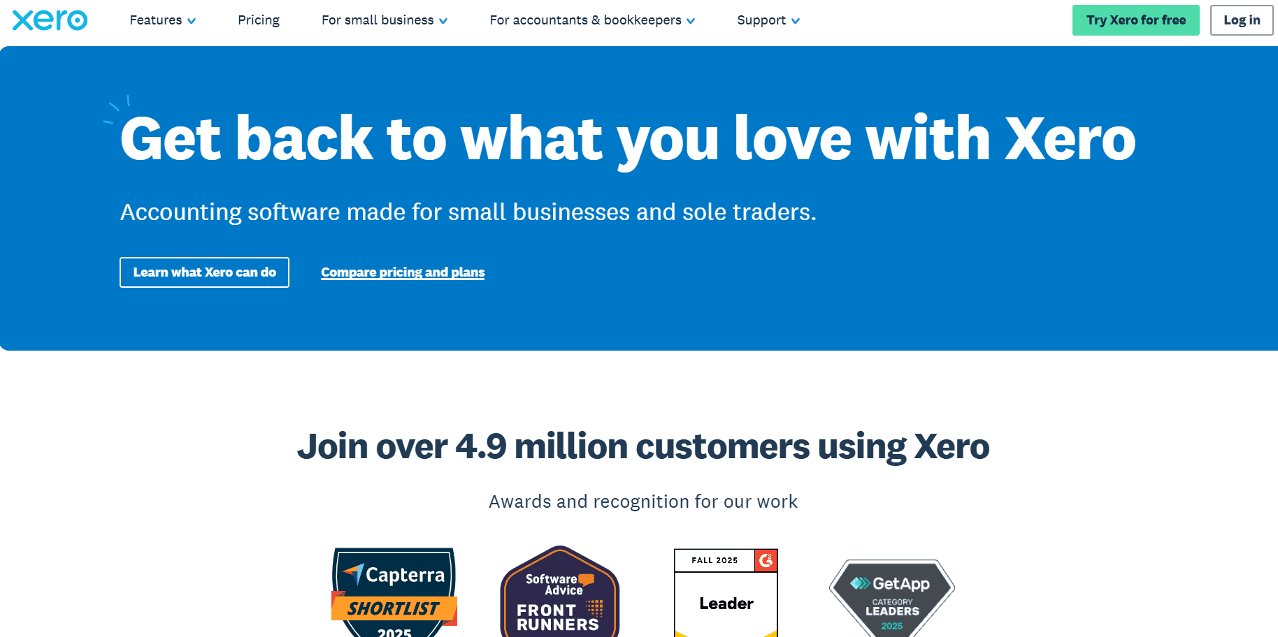 Xero accounting software homepage for small businesses and sole traders with pricing and plan options.