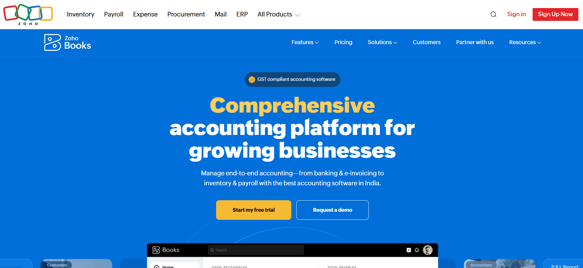 Zoho Books homepage showing comprehensive accounting platform for growing businesses.
