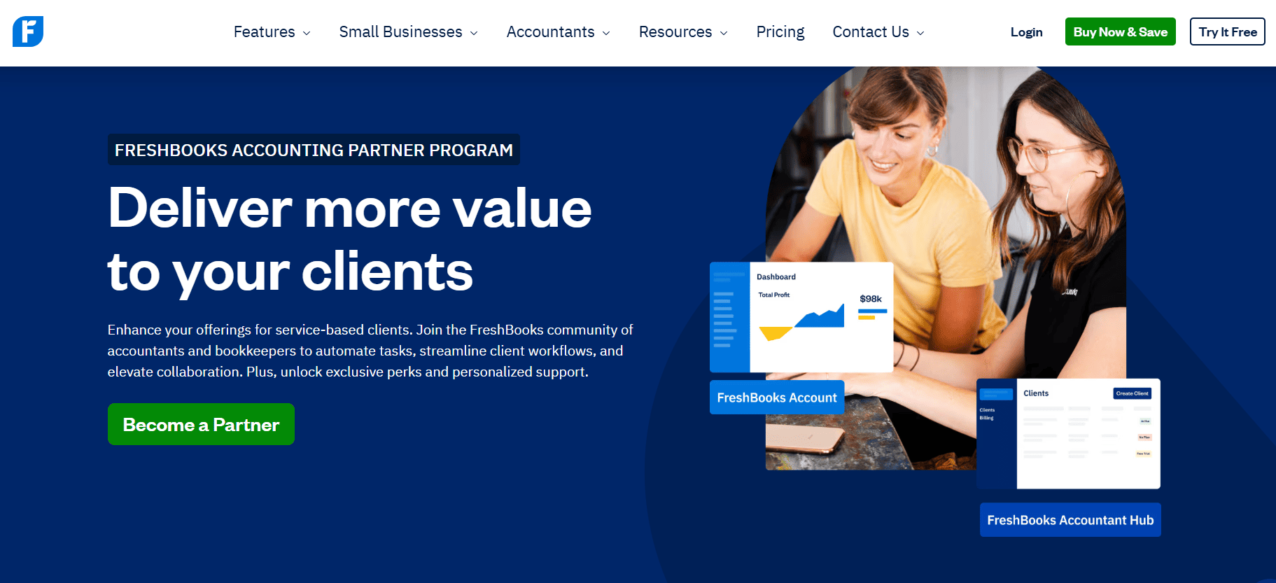 FreshBooks accounting partner program homepage showing client value messaging and accountant dashboard previews.
