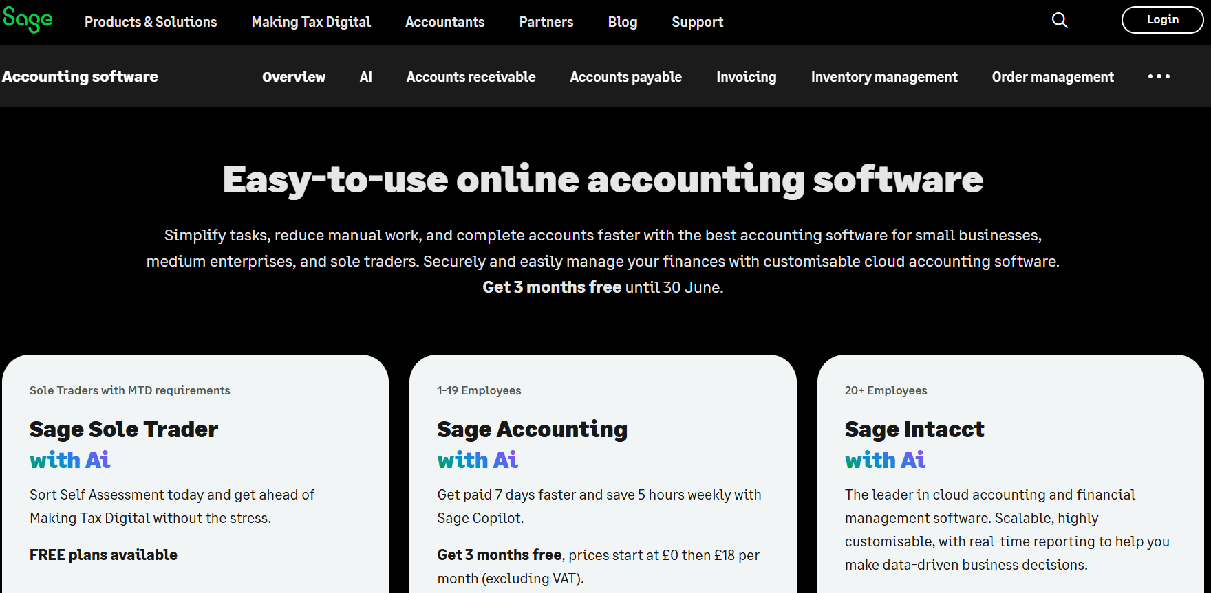 Sage accounting software homepage showing online accounting tools with AI for businesses and sole traders.