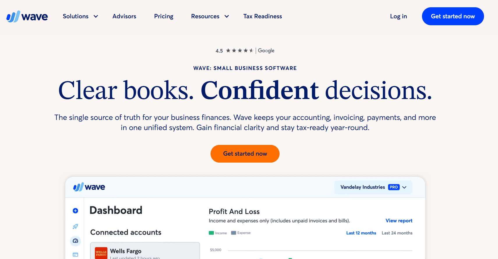 Wave small business accounting software homepage with dashboard preview and financial clarity messaging.
