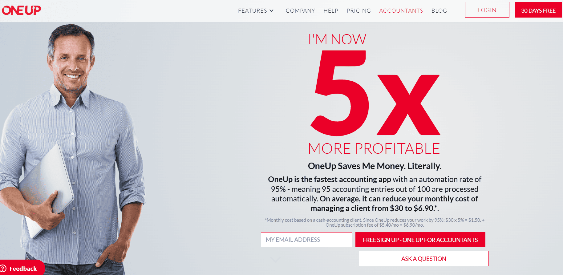 OneUp accounting software homepage promoting automation and profitability for accountants.
