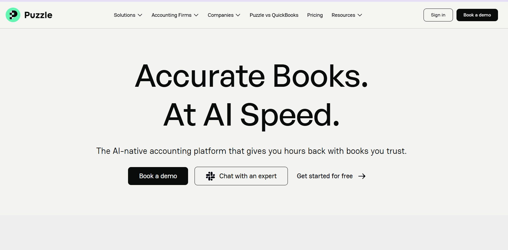 Puzzle accounting platform homepage with headline “Accurate Books At AI Speed” and demo call-to-action buttons.