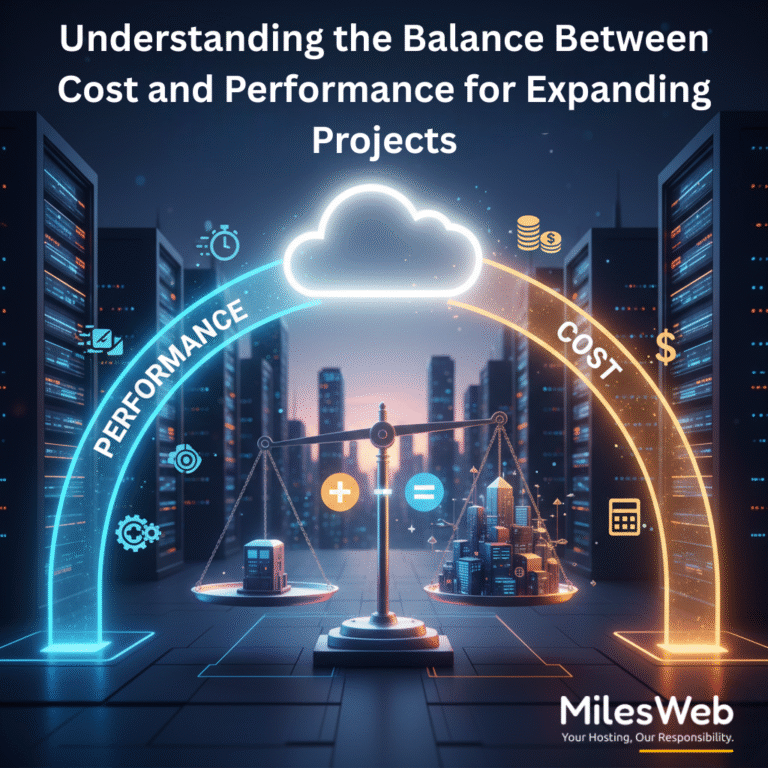 Graphic showing a balance between cloud performance and cost for scaling projects.