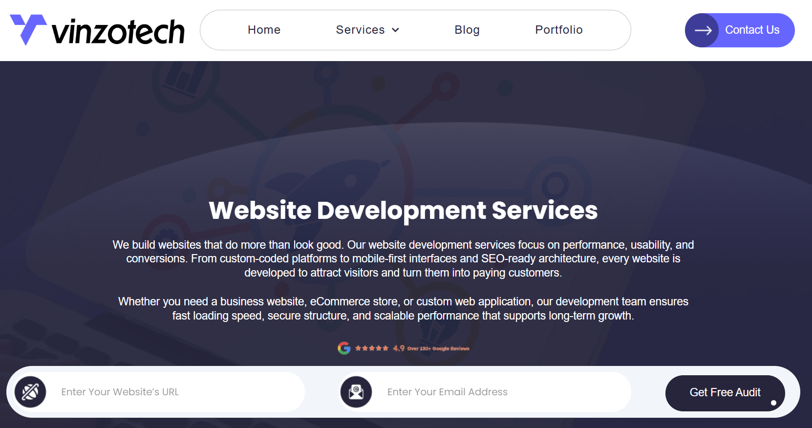 VinzoTech website development services page showing custom website development, SEO-ready architecture, and free audit form.