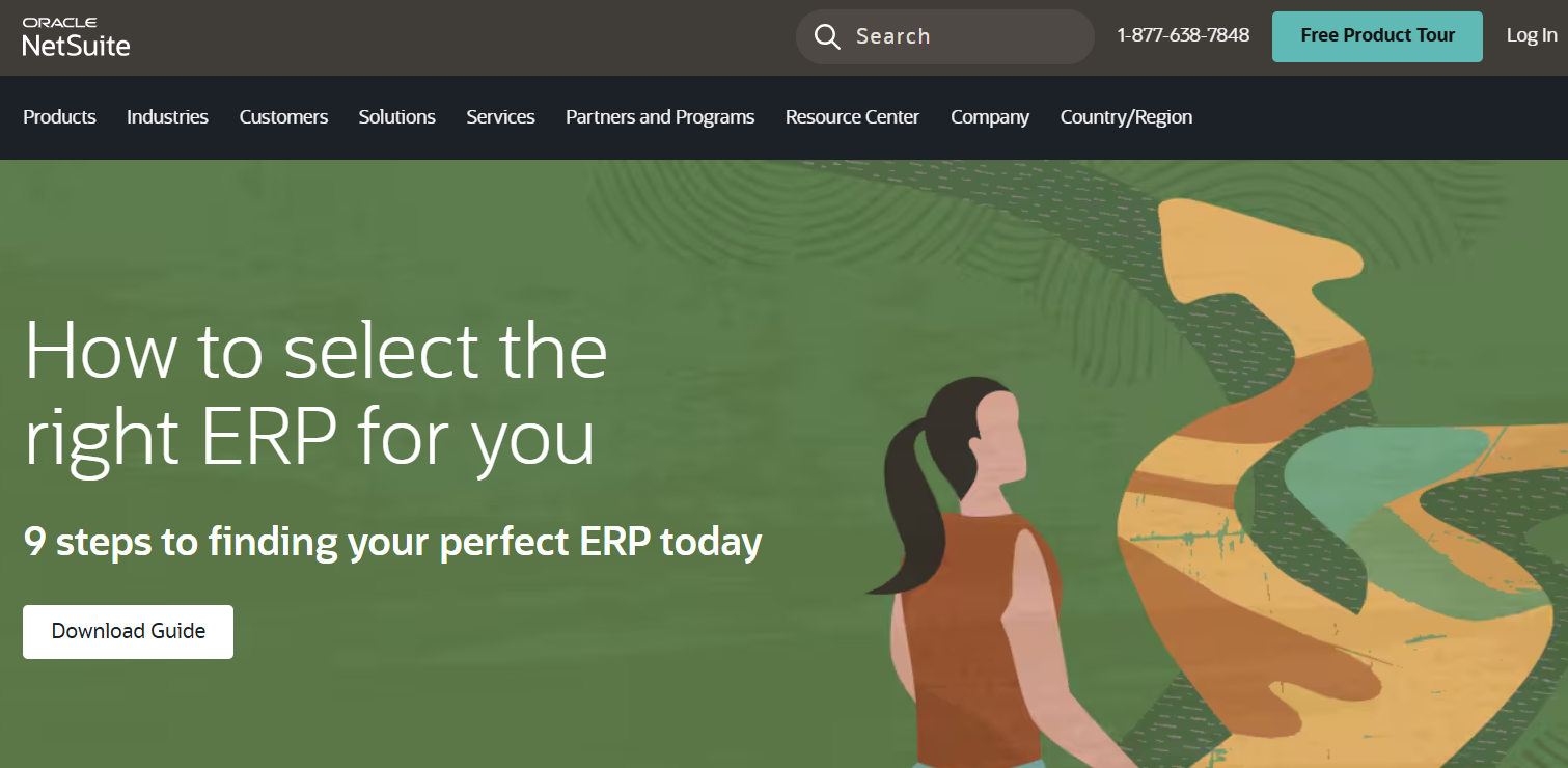 Oracle NetSuite webpage showing ERP selection guide with steps to choose the right ERP system