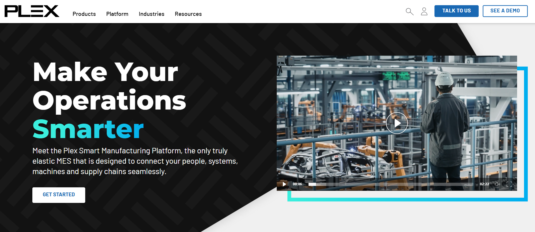 Plex Smart Manufacturing Platform interface showing factory automation, robotics, and connected manufacturing systems