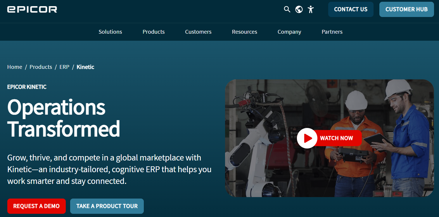 Epicor Kinetic ERP platform showing manufacturing workers using robotics and connected production systems