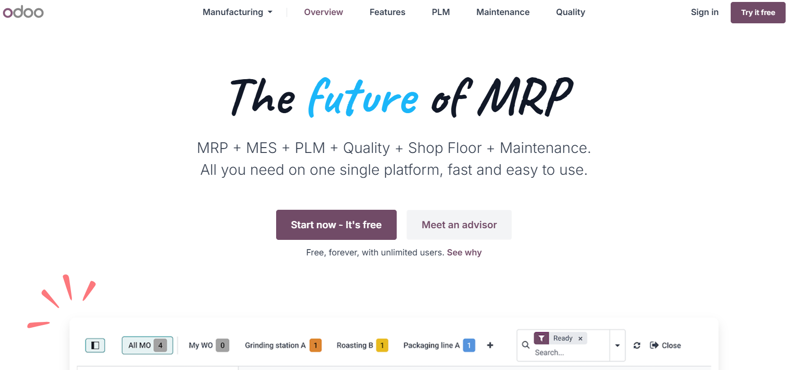 Odoo manufacturing platform showing MRP system with integrated MES, PLM, and production management features