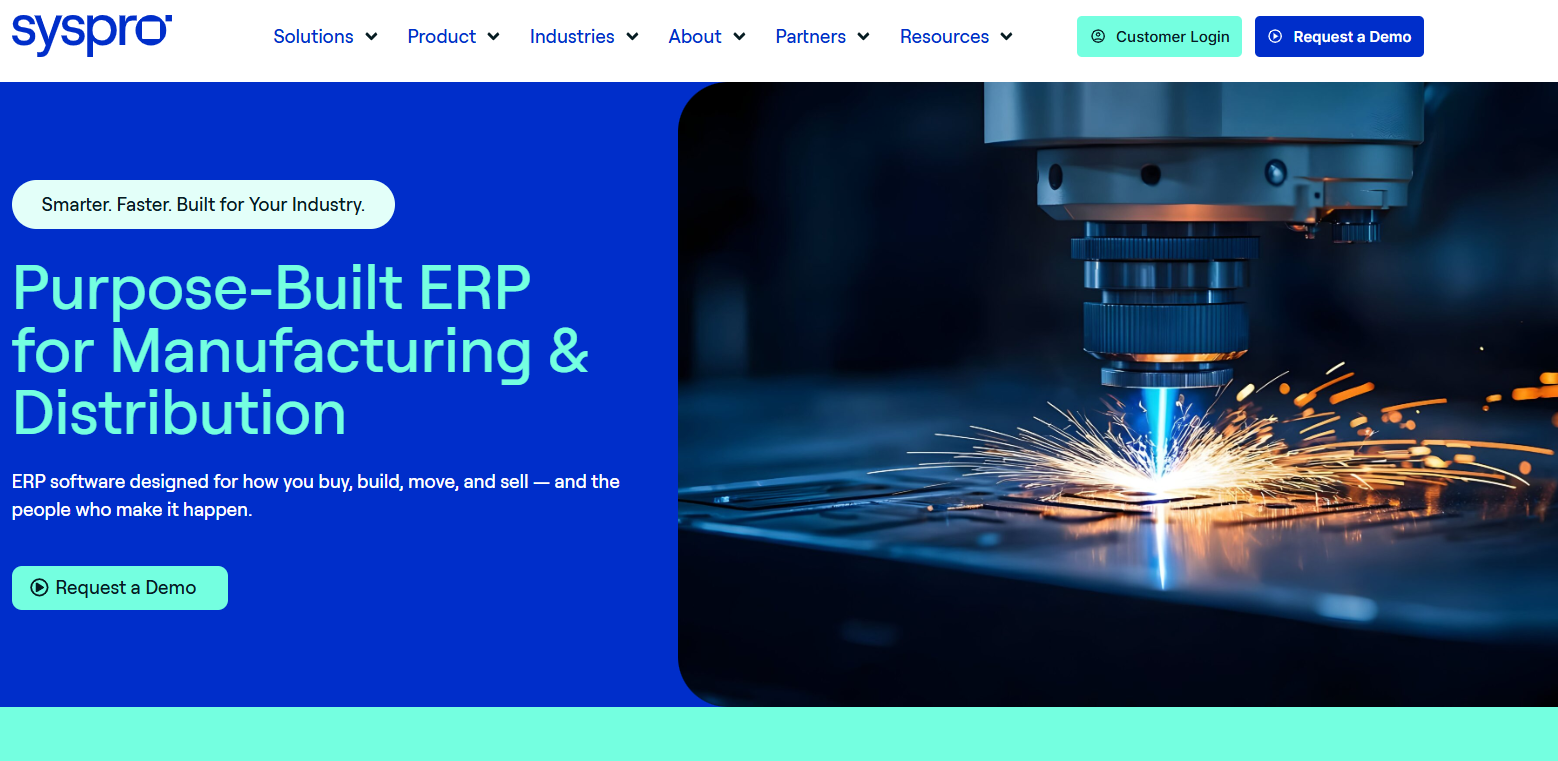SYSPRO ERP software for manufacturing and distribution showing precision machine cutting metal with sparks