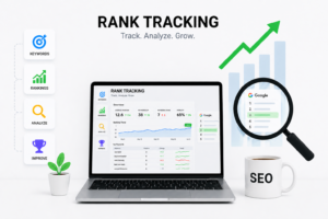 SEO rank tracking dashboard displayed on a realistic laptop screen showing keyword rankings and performance growth