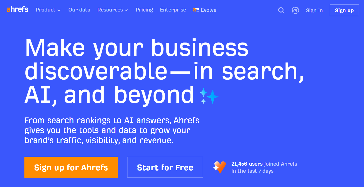 Ahrefs homepage banner showing SEO tools for search rankings, AI insights, and website growth