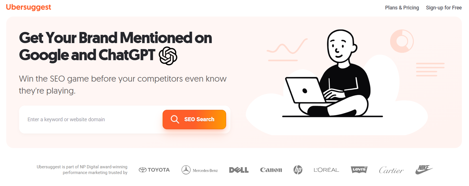 Ubersuggest homepage showing SEO keyword search tool and brand visibility features for Google and ChatGPT