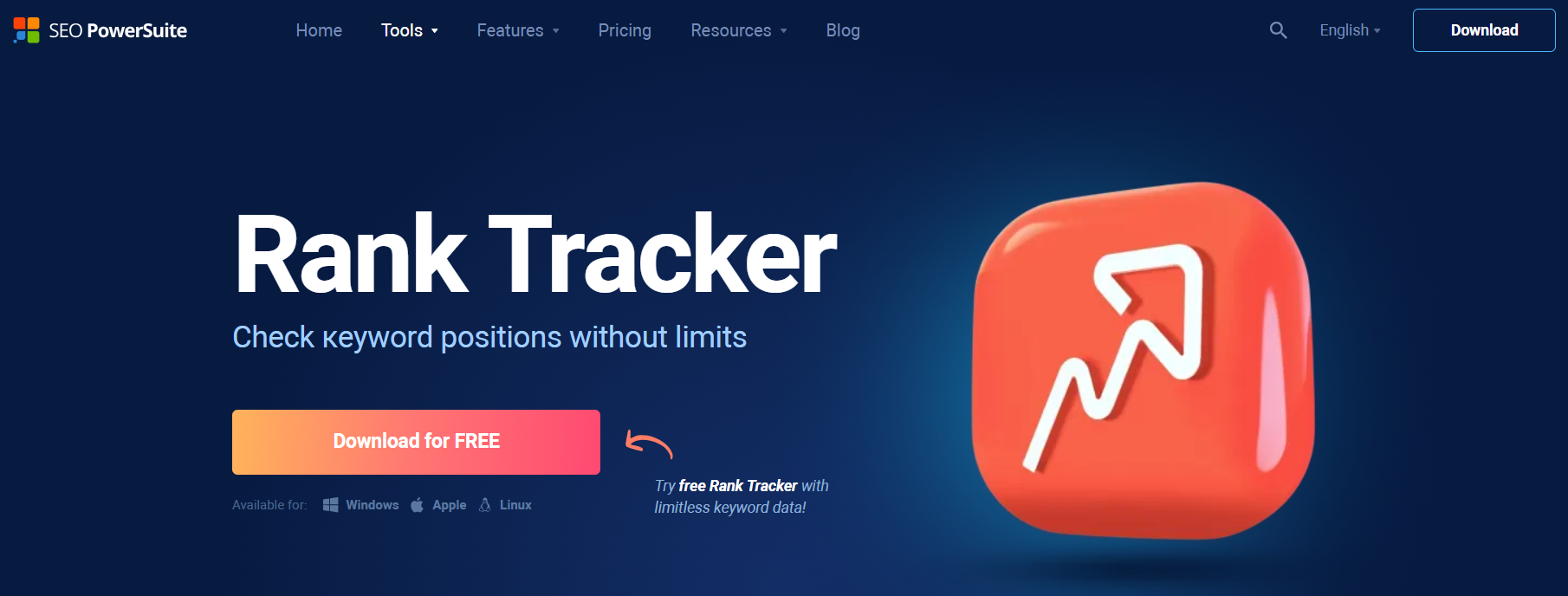 SEO PowerSuite Rank Tracker tool interface showing keyword position tracking and unlimited SEO ranking analysis
