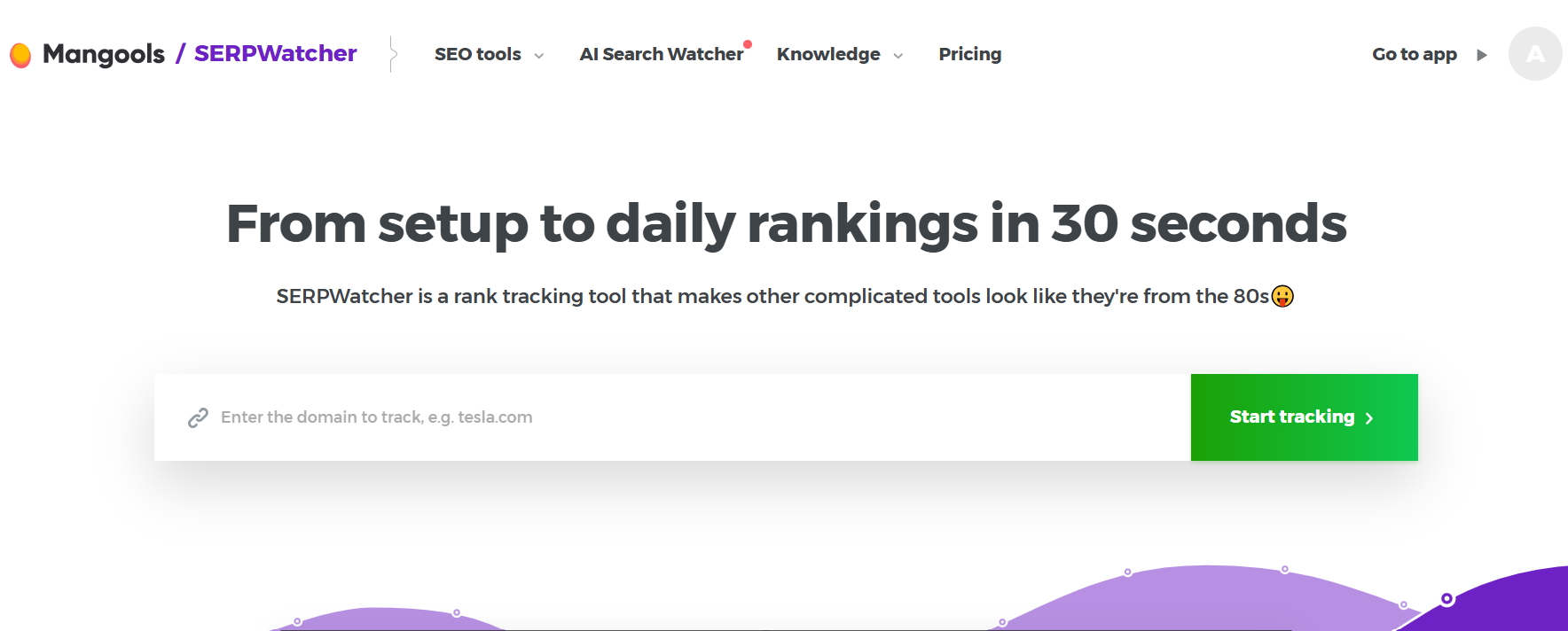 Mangools SERPWatcher rank tracking tool interface showing keyword tracking setup and daily ranking monitoring