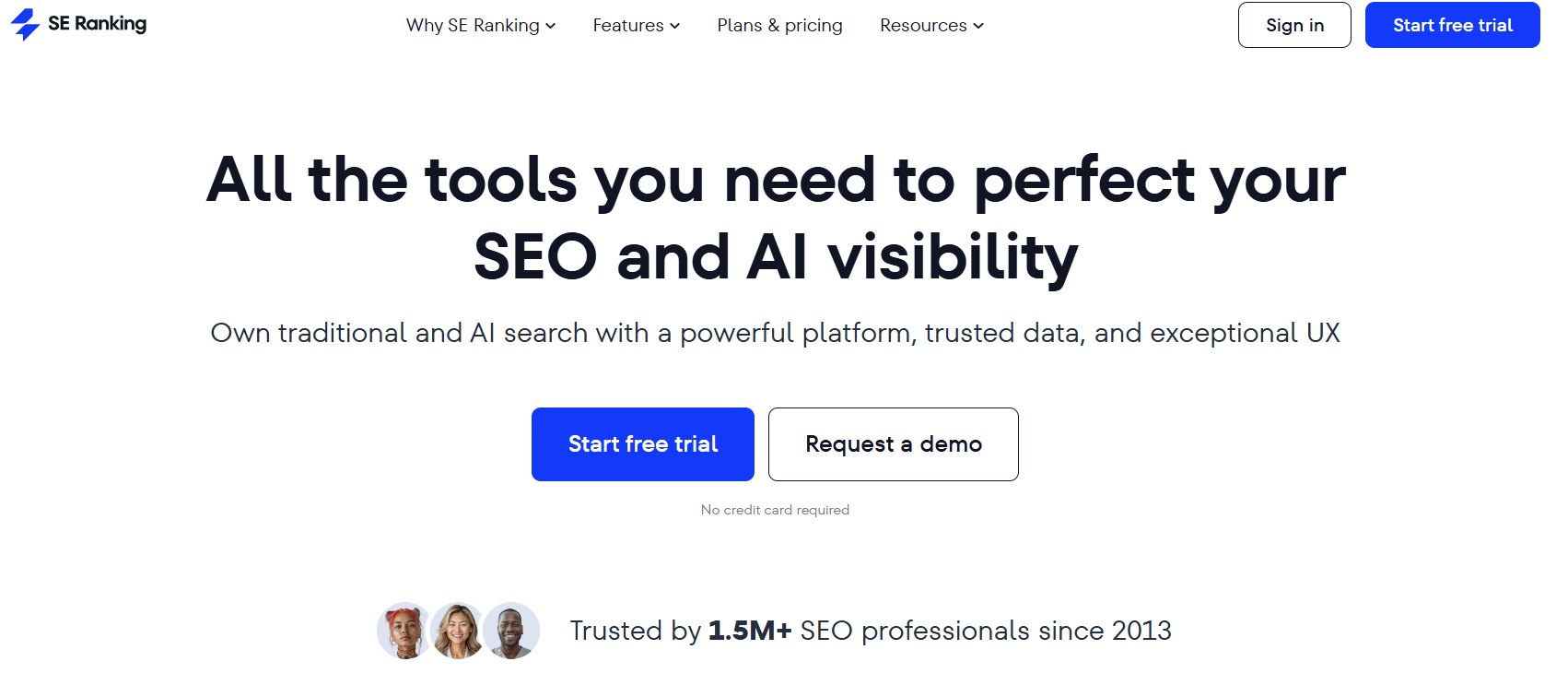 SE Ranking platform homepage showing SEO tools for keyword tracking, analytics, and AI search visibility