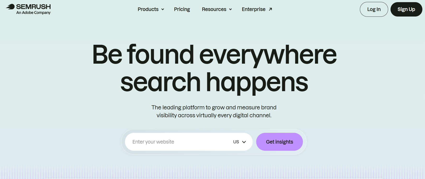 Semrush homepage showing SEO tools for keyword research, competitor analysis, and search visibility