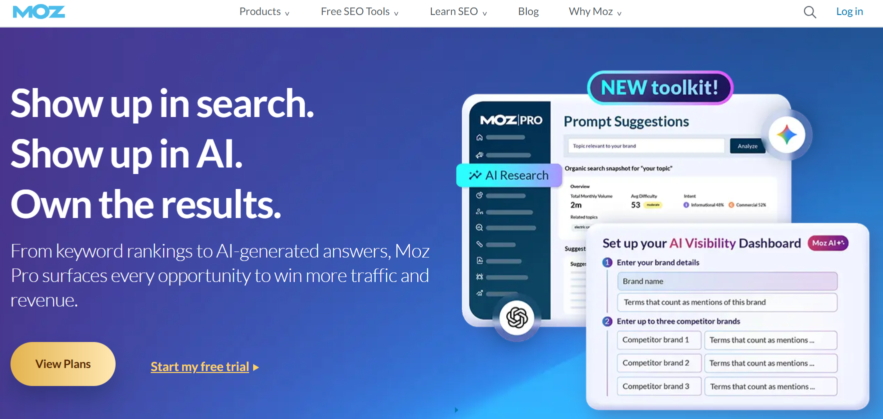 Moz Pro SEO tool interface showing keyword rankings, AI visibility dashboard, and search optimization features