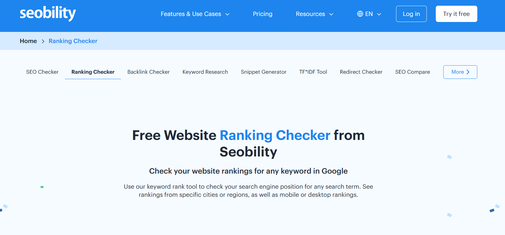 Seobility ranking checker tool showing free website keyword position tracking on Google