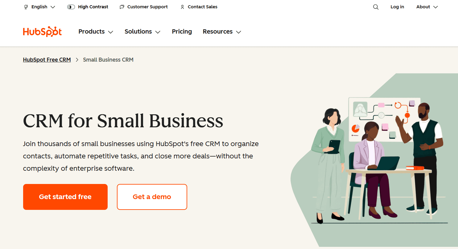 HubSpot CRM for small business interface with team collaborating on sales and customer management