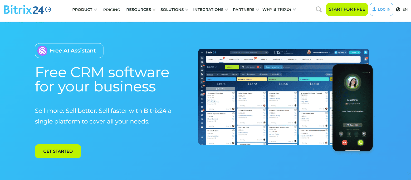 Bitrix24 free CRM software dashboard with sales pipeline and mobile app interface for business management