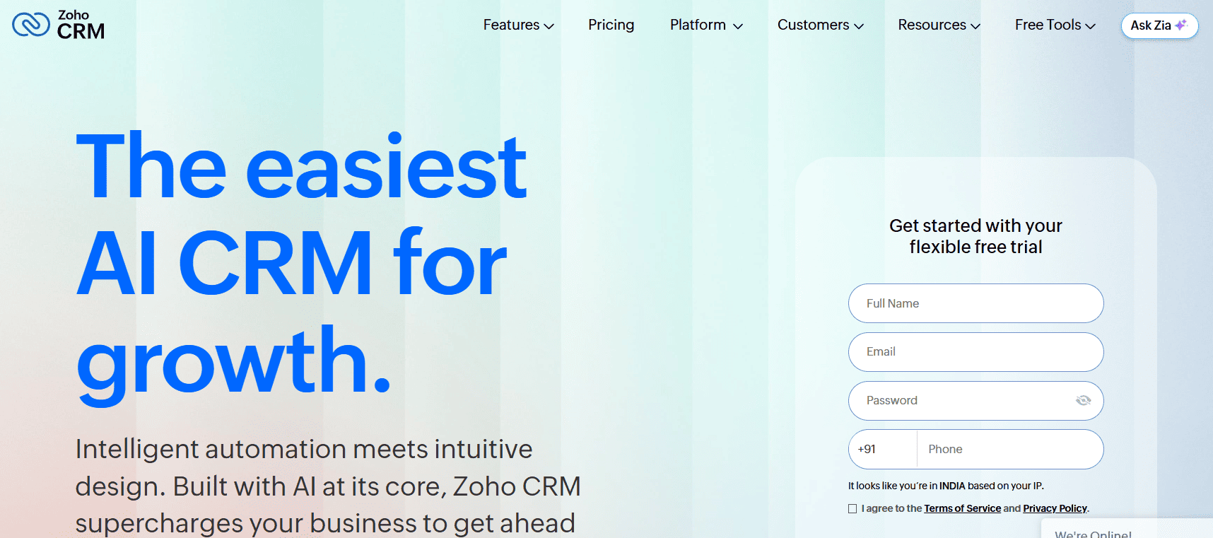 Zoho CRM AI dashboard page with signup form for free trial and business growth automation