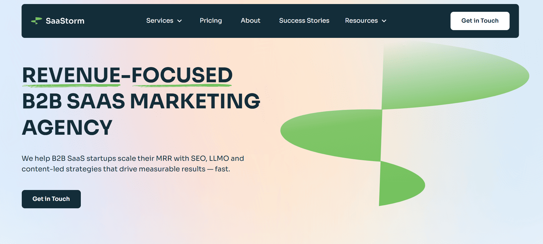 SaaStorm homepage showing revenue-focused B2B SaaS marketing agency services for SEO, LLMO, and content-led growth.