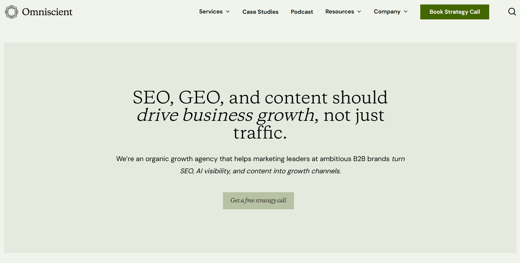 Omniscient homepage showing SEO, GEO, and content growth services for B2B brands.