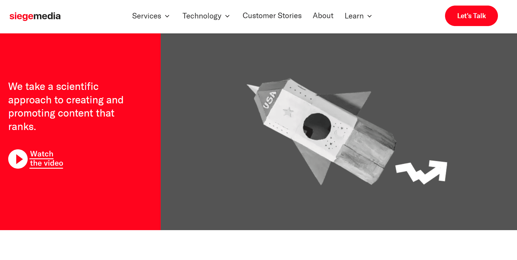 Siege Media homepage showing content marketing agency messaging with a rocket graphic and video call-to-action.